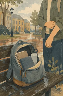 Bible in Backpack on Rainy Campus