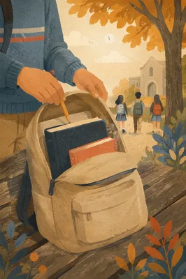 Bible in Backpack on Autumn Campus