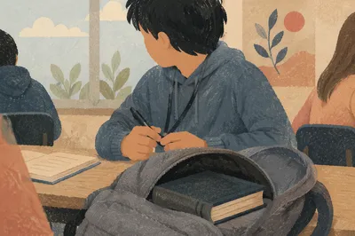 Bible Peeking From Backpack in Class