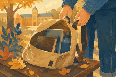 Bible in Backpack on Autumn Campus