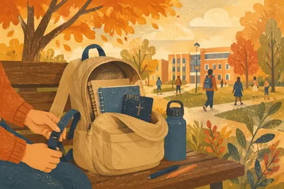Bible in Backpack on Autumn Campus