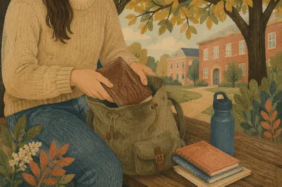 Student Packing Bible on Campus Bench