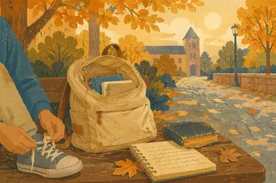Bible in Backpack on Autumn Campus Bench