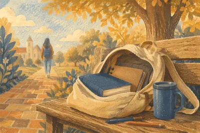 Bible in Backpack on Autumn Campus