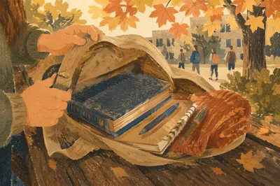Bible in Backpack on Autumn Campus