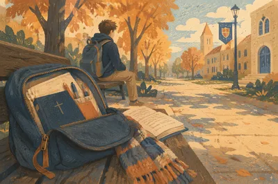 Bible in Backpack on Autumn Campus