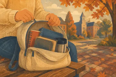 Bible in Backpack on Autumn Campus