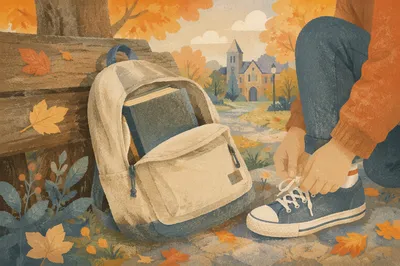 Bible in Backpack on Autumn Campus