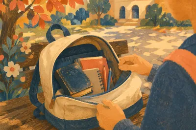 Bible in Backpack on Autumn Campus