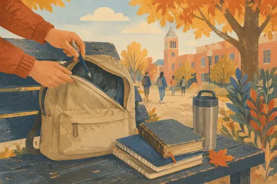 Bible in Backpack on Autumn Campus