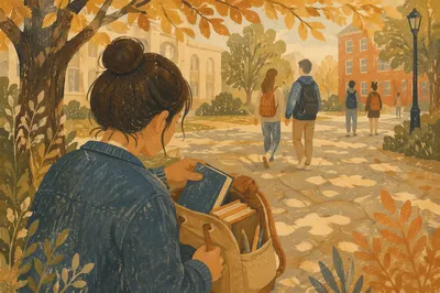 Bible in Backpack on Autumn Campus