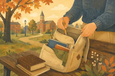 Bible in Backpack on Autumn Campus