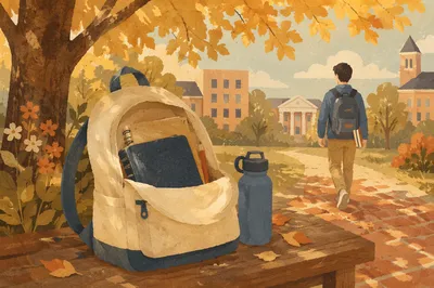 Bible in Backpack on Autumn Campus