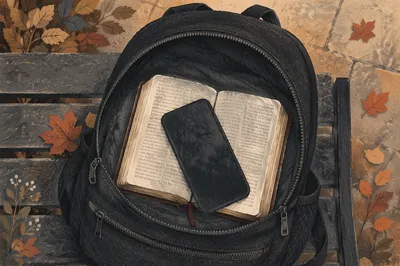 Bible in Backpack on Campus Bench