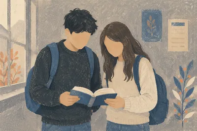 College Students Reading Bible in Campus Hallway