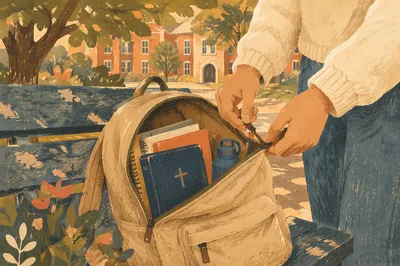 Bible in Campus Backpack Before Class