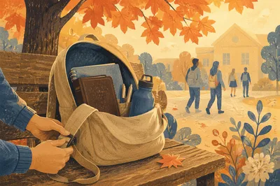 Bible in Backpack on Autumn Campus