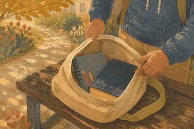 Bible in Backpack on Autumn Campus Bench