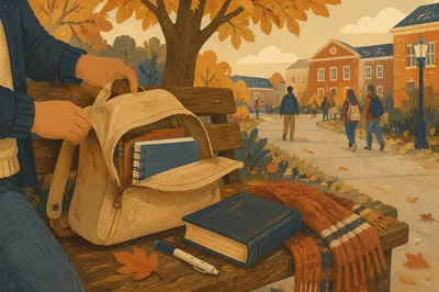 Bible in Campus Backpack Under Autumn Trees