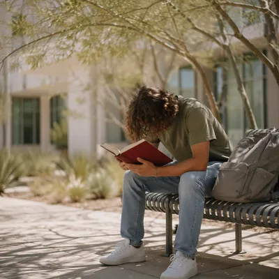 Student Reading Bible in Campus Courtyard