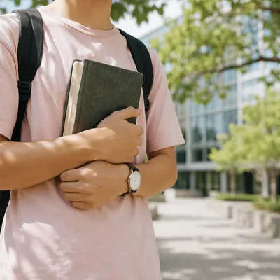 Student Holding Bible on Modern Campus