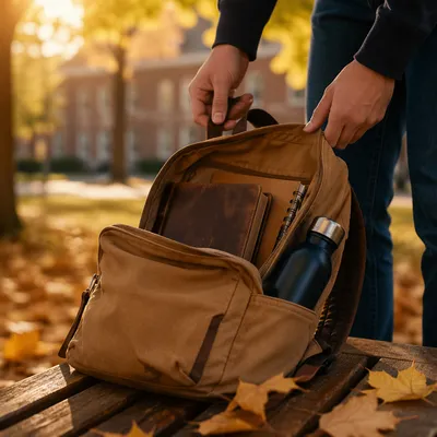 Bible in Backpack on Autumn Campus