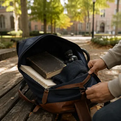Bible in Backpack on College Bench