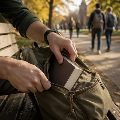 Student Placing Bible in Campus Backpack