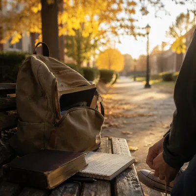 Bible in Backpack on Autumn Campus