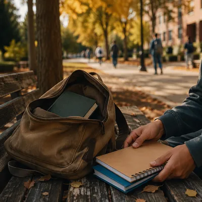 Bible in Backpack on Autumn Campus