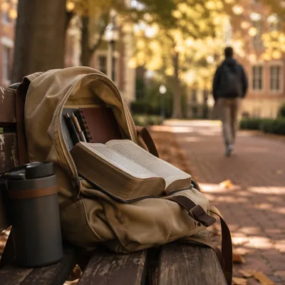 Bible in Backpack on Autumn Campus