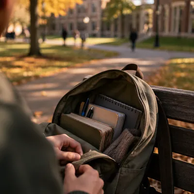 Bible in Backpack on Autumn Campus