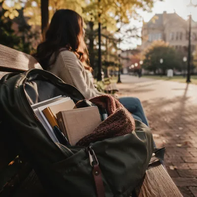Bible in Backpack on Autumn Campus
