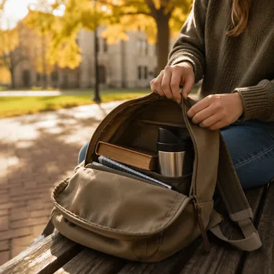 Bible in Backpack on Autumn Campus