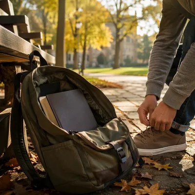 Bible in Backpack on Autumn Campus