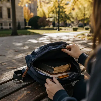 Bible in Backpack on Autumn Campus