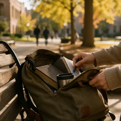 Bible in Backpack on Autumn Campus