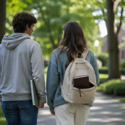 Campus Students Walking with Bible in Backpack