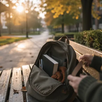Bible in Backpack on Autumn Campus