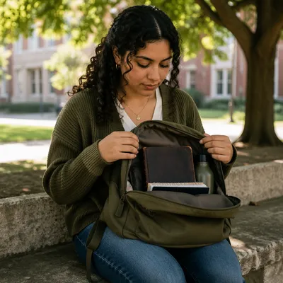 College Student Revealing Bible in Backpack