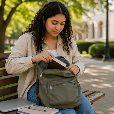 College Student Opening Backpack on Campus Bench