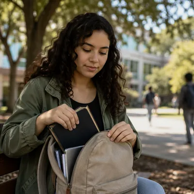 Student Opening Backpack on Campus Bench