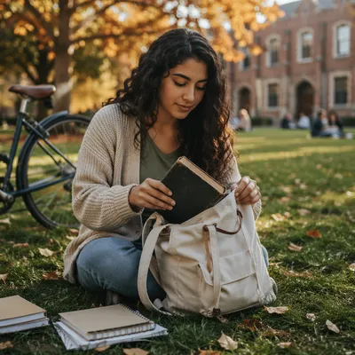College Student Opening Bible on Campus Lawn