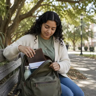College Student Opening Backpack on Campus Bench