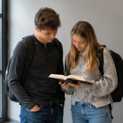 College Students Reading Bible in Campus Hallway