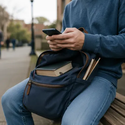 Bible in Backpack on Campus Bench