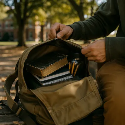Bible in Backpack on Quiet Campus