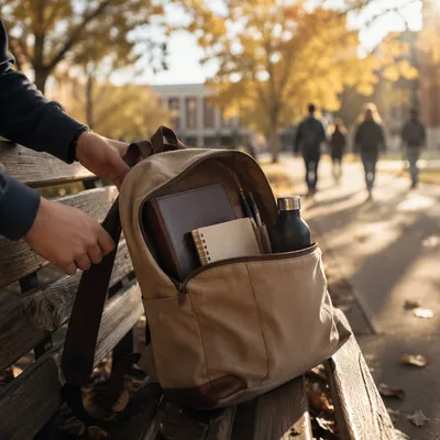 Bible in Backpack on Autumn Campus