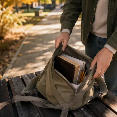 Bible in Backpack on Autumn Campus