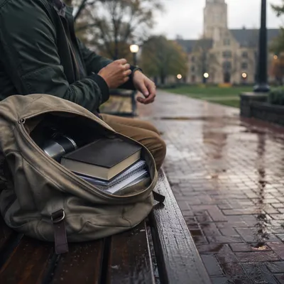 Bible in Backpack on Rainy Campus Morning